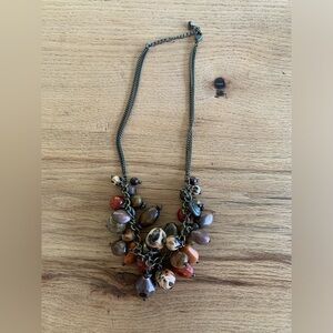 Cluster Glass Beaded Necklace Rust Brown Ivory Bronzeโ Chain Womenโs Preloved